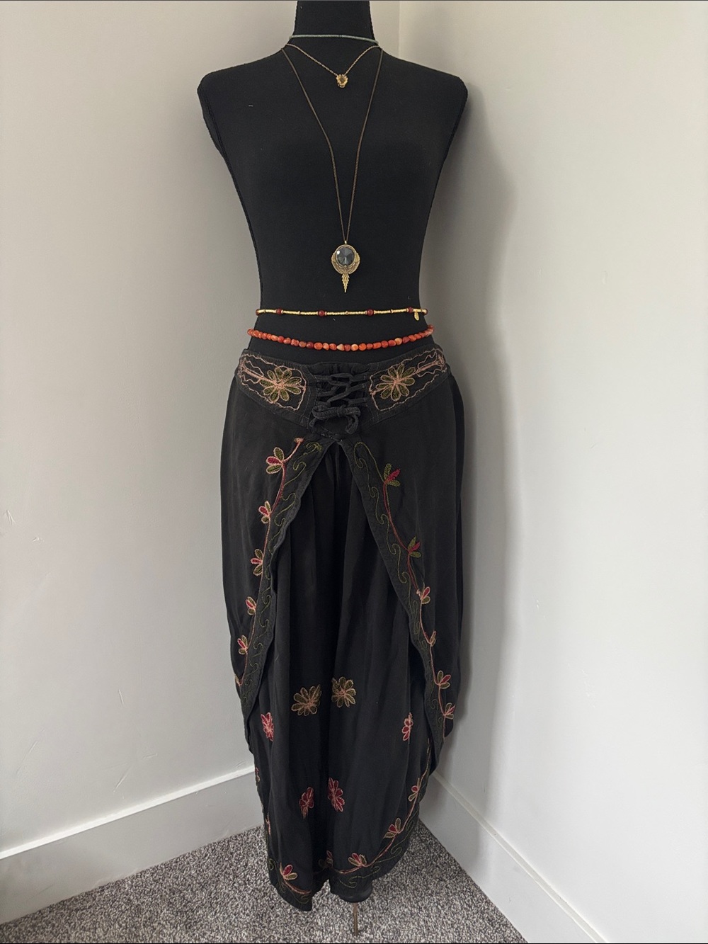 Embroidered Black Boho Pants with Lace-Up Waist